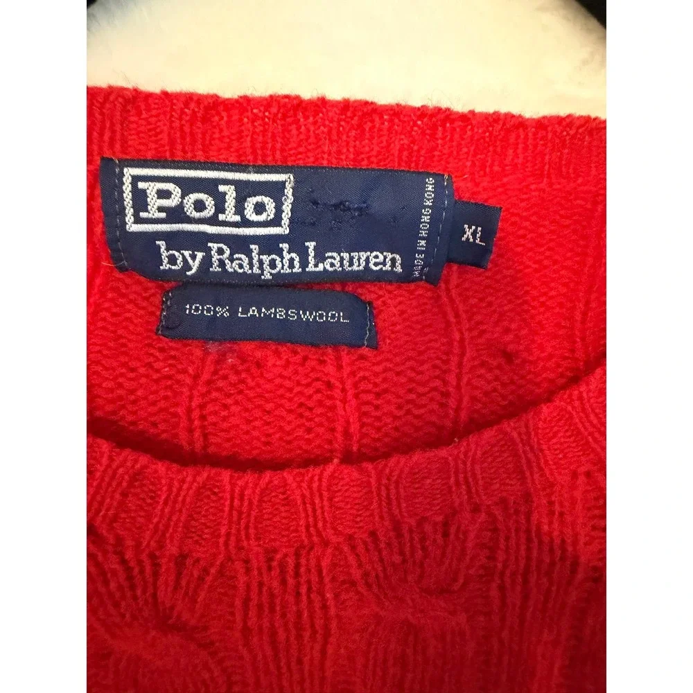 Polo Ralph Lauren Red Cable Knit‎ Lambswool Crewneck Sweater Mens XL Vintage